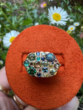 Load image into Gallery viewer, ENCHANTED RING 18K ENGRAVED WITH FERNS. blue and green sapphires, antique diamonds, black opal and paraiba tourmaline