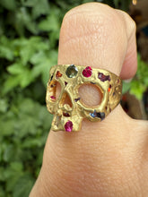 Load image into Gallery viewer, POLLY WALES XS Rainbow Confetti Skull Ring 18K Yellow Gold size 4.5