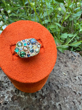 Load image into Gallery viewer, ENCHANTED RING 18K ENGRAVED WITH FERNS. blue and green sapphires, antique diamonds, black opal and paraiba tourmaline
