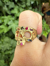 Load image into Gallery viewer, POLLY WALES XS Rainbow Confetti Skull Ring 18K Yellow Gold size 4.5
