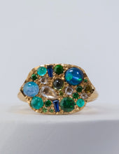 Load image into Gallery viewer, ENCHANTED RING 18K ENGRAVED WITH FERNS. blue and green sapphires, antique diamonds, black opal and paraiba tourmaline
