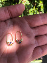 Load image into Gallery viewer, POLLY WALES 18K SAFETY PIN EARRINGS RAINBOW SAPPHIRES
