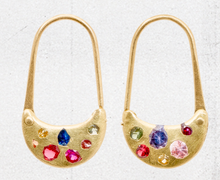 Load image into Gallery viewer, POLLY WALES 18K SAFETY PIN EARRINGS RAINBOW SAPPHIRES
