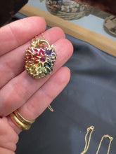 Load and play video in Gallery viewer, POLLY WALES Large Rainbow Sapphire Encrusted 18k Padlock Rainbow / Grande Fantaisie Padlock Necklace
