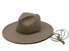 Load image into Gallery viewer, LOVELY BIRD SEDONA PACKABLE STRAW FEDORA WITH NECK TIE LIMESTONE GREY
