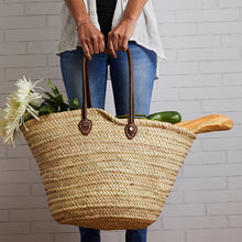 Load image into Gallery viewer, VERVE CULTURE MOROCCAN SHOPPING BASKET / BAG PALM WITH LEATHER HANDLE
